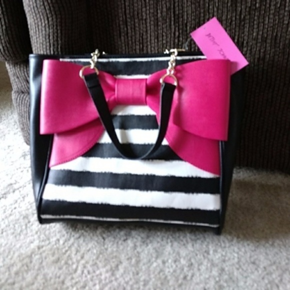 Betsey Johnson | Bags | Betsey Johnson Black Striped Bag W Pink Bow ...